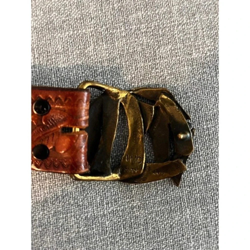 Tooled Leather Belt LMC‎ Vintage Bronze Tone Buckle Brown Floral 38 Inch Unisex